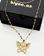 18K gold plated openwork butterfly pendant with multicolor crystals.