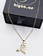 18K gold plated pearl and crystal mermaid tail pendant in luxury gift box.