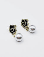 Biya Accessoires artificial jewellery online dubai black crystal flower and pearl drop earrings.