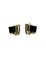 Biya Accessoires emerald black and gold geometric stud earrings with crystal pavé.