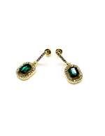 Biya Accessoires emerald green and gold halo drop earrings with crystal pavé.