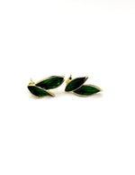 Pair of green leaf-shaped earrings on a white background