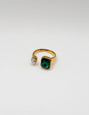18K gold plated green emerald cut toi et moi ring by Biya Accessoires.