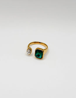 18K gold plated green emerald cut toi et moi ring by Biya Accessoires.