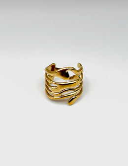 18K gold plated liquid metal abstract wide ring by Biya Accessoires.