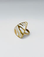 18K gold plated white enamel abstract shield ring by Biya Accessoires.
