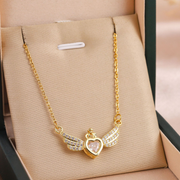 Regal Winged Heart Crown Pendant | 18K Gold Plated Crystal Necklace | Waterproof