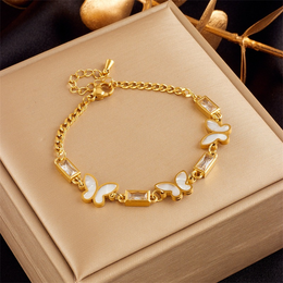 Mariposa Pearlescent Butterfly & Baguette Crystal Bracelet | 18K Gold Plated | Waterproof