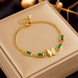 Viridian Emerald Baguette & Butterfly Station Bracelet | 18K Gold Plated | Waterproof