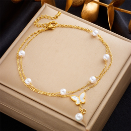 Aurelia Layered Pearl & Butterfly Drop Bracelet | 18K Gold Plated | Waterproof