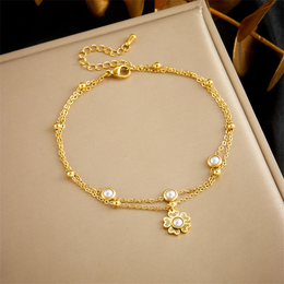 Fleur Layered Pearl Botanical Station Bracelet | 18K Gold Plated | Waterproof