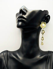 Luxe Golden Triple Bloom & Pearl Drop Earrings | BEST FASHION JEWELRY IN UAE