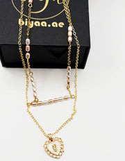 Vintage Rose Layered Pearl Heart Necklace - 18K Gold Plated | Biya Accessoires