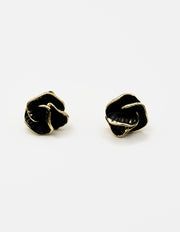 Biya Accessoires 3D matte black rose earrings with gold trim.