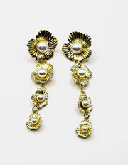 Luxe Golden Triple Bloom & Pearl Drop Earrings | BEST FASHION JEWELRY IN UAE