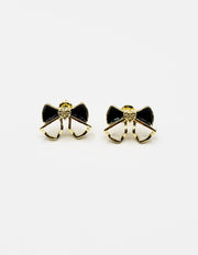 Biya Accessoires black enamel and gold bow stud earrings with crystal heart.