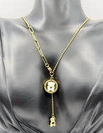 Waterproof non-tarnish artificial gold Y-necklace with paperclip and bead chain.