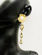 Luxe Golden Triple Bloom & Pearl Drop Earrings | BEST FASHION JEWELRY IN UAE
