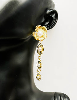 Luxe Golden Triple Bloom & Pearl Drop Earrings | BEST FASHION JEWELRY IN UAE