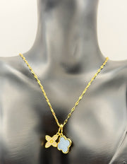Hypoallergenic non-tarnish double pendant necklace with cubic zirconia.