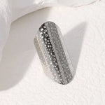 Modern luxury fine art editorial silver jewelry wide band hammered ring gift for her.