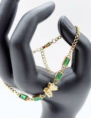 Viridian Emerald Baguette & Butterfly Station Bracelet | 18K Gold Plated | Waterproof