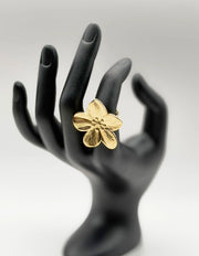 18K gold plated textured floral statement ring by Biya Accessoires.