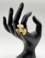 18K gold plated textured tri leaf pearl statement ring by Biya Accessoires.