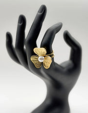 18K gold plated textured tri leaf pearl statement ring by Biya Accessoires.