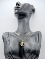 18K gold plated crescent moon necklace with I Love You projection stone by Biya Accessoires.