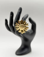 18K gold plated oversized sunflower statement ring by Biya Accessoires.