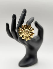 18K gold plated oversized sunflower statement ring by Biya Accessoires.
