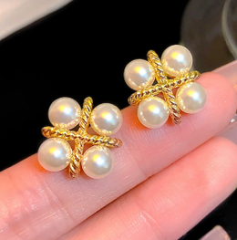 Luxe Quad-Pearl Cross Gold Stud Earrings | Biya Accessoires
