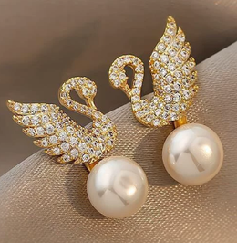 Radiant Crystal Swan & Pearl Drop Earrings | Biya Accessoires