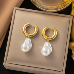 Luxe Baroque Pearl Drop Hoop Earrings – 18K Gold Plated Non-Tarnish | Biya Accessoires