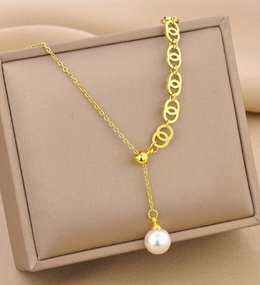 Aura Asymmetrical Interlocking Circles Pearl Lariat Necklace – Non-Tarnish | Biya Accessoires