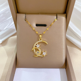 Celestial Crescent Moon & Stars Pavé Gold Necklace – Non-Tarnish | Biya Accessoires