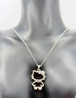 Waterproof silver feline bow necklace with cubic zirconia on silk.