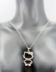 Waterproof silver feline bow necklace with cubic zirconia on silk.